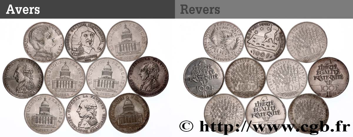 Lot de 10 pièces de 100 francs commémoratives - - F.-/ TTB 