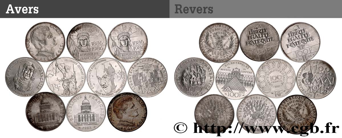 Lot de 10 pièces de 100 francs commémoratives - - F.-/ XF 