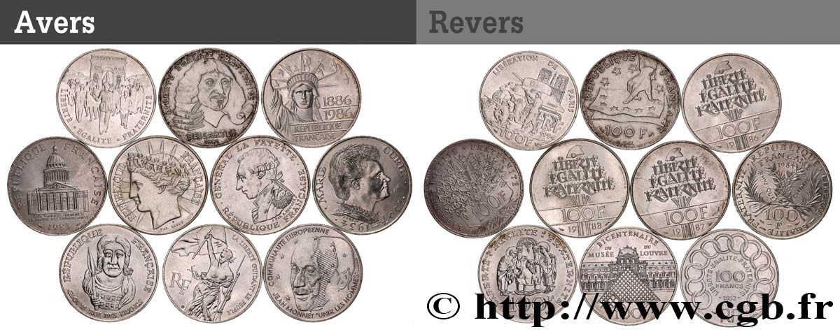 Lot de 10 pièces de 100 francs commémoratives - - F.-/ XF 