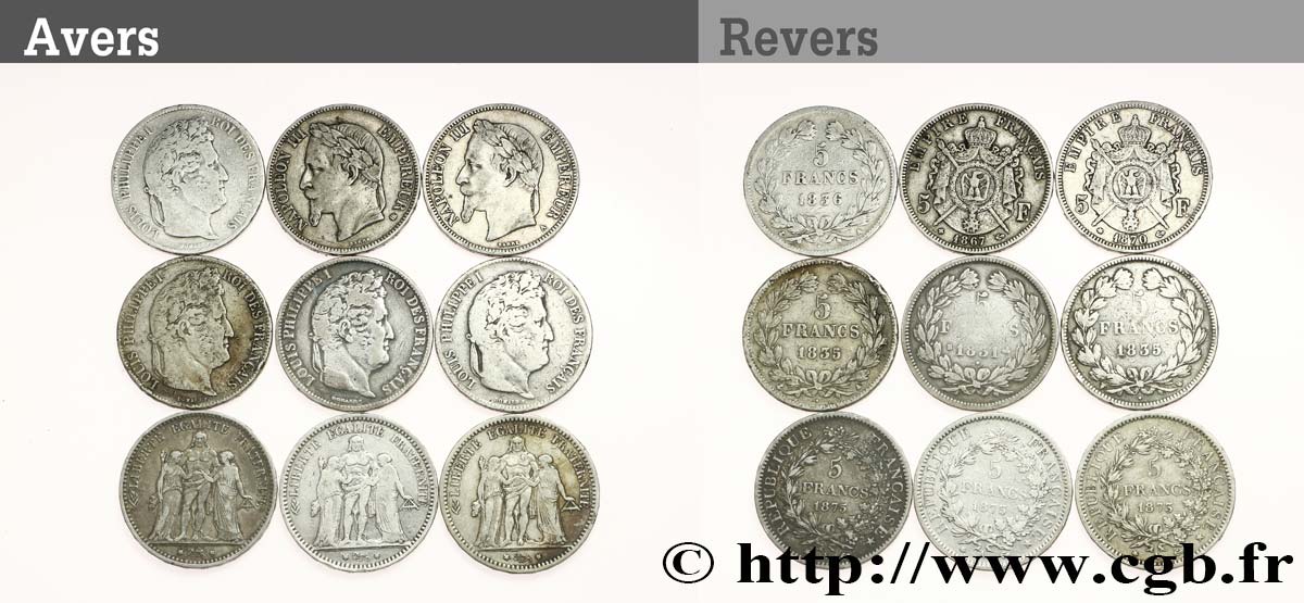 Lot de dix écus de 5 francs n.d.  F.-/ TB 