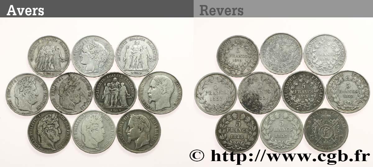 Lot de dix écus de 5 francs n.d.  F.-/ VF 