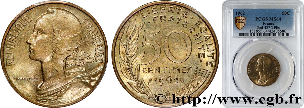 50 centimes Marianne, col à trois plis 1962 Paris F.197/2 SPL64 PCGS