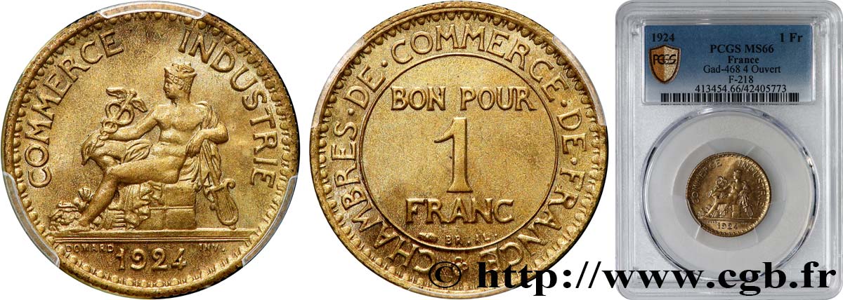 1 franc Chambres de Commerce 1924 Paris F.218/6 MS66 PCGS