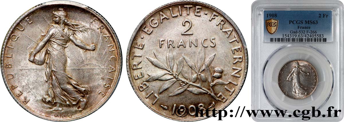 2 francs Semeuse 1908 Paris F.266/10 fST63 PCGS