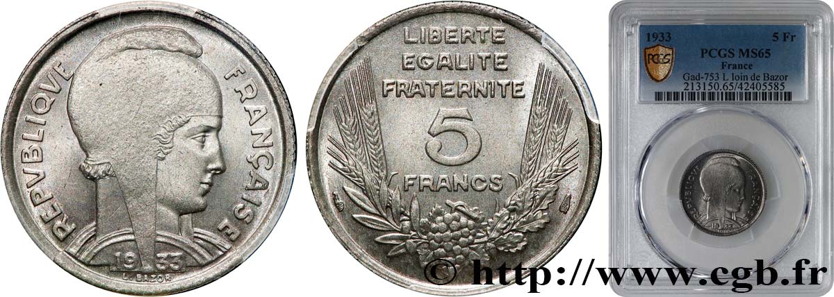 5 francs Bazor 1933  F.335/2 ST65 PCGS