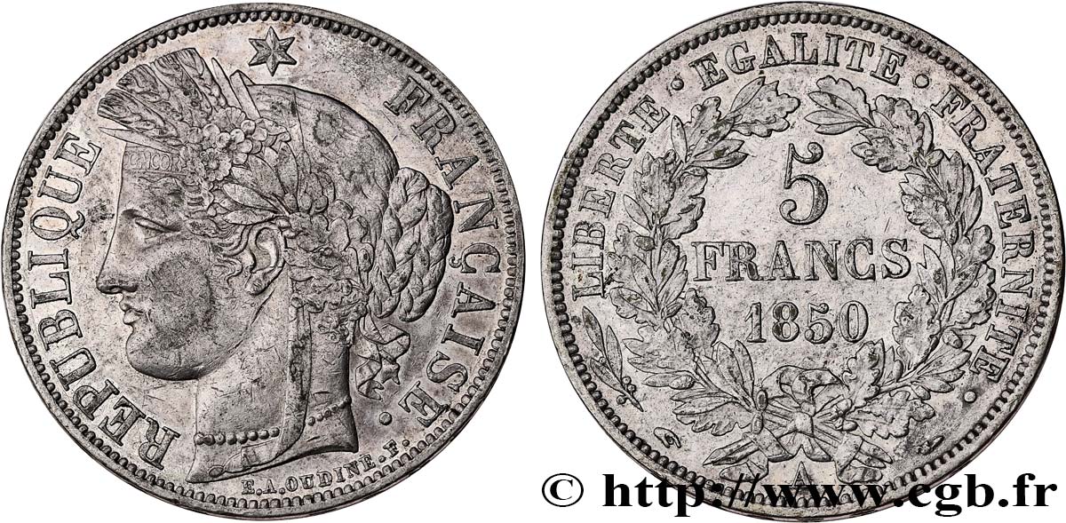 5 francs Cérès, IIe République 1850 Paris F.327/4 TTB50 