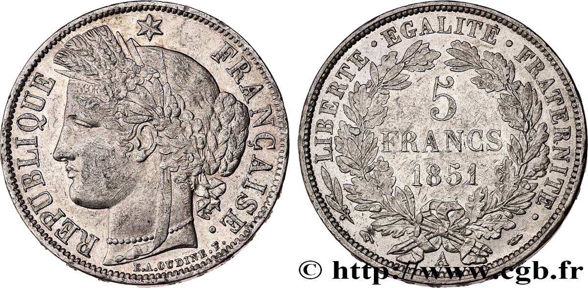 5 francs Cérès, IIe République 1851 Paris F.327/7 MBC53 