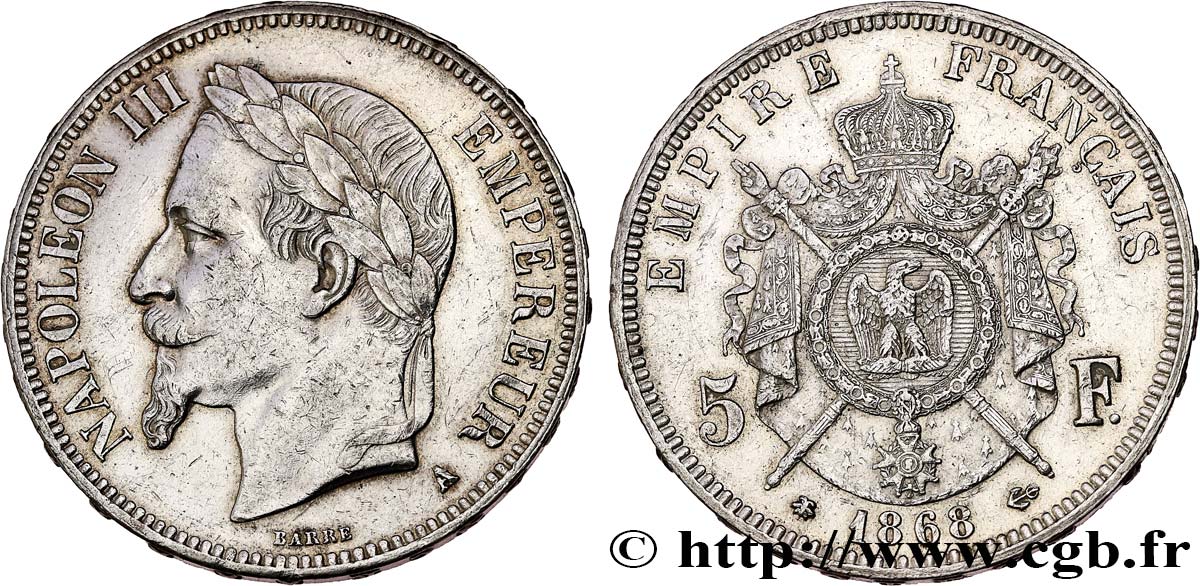5 francs Napoléon III, tête laurée 1868 Paris F.331/12 MBC+ 