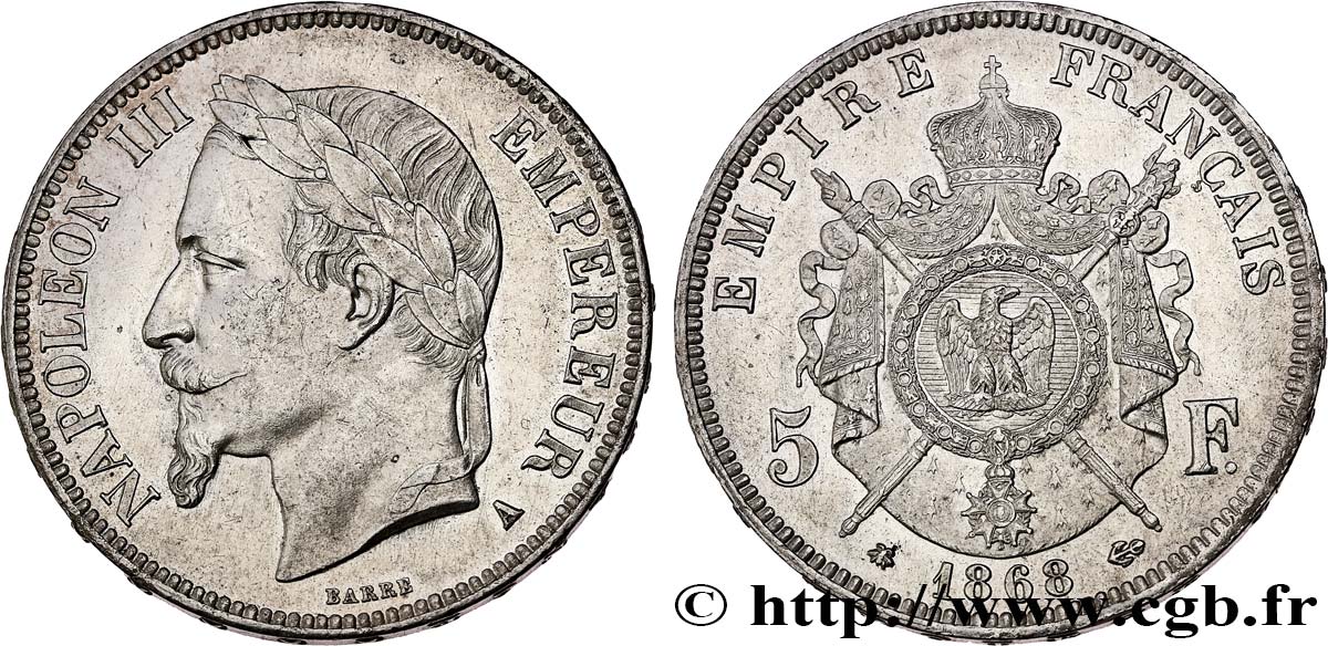 5 francs Napoléon III, tête laurée 1868 Paris F.331/12 EBC62 
