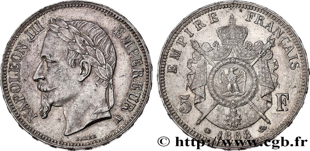 5 francs Napoléon III, tête laurée 1868 Paris F.331/12 BB53 