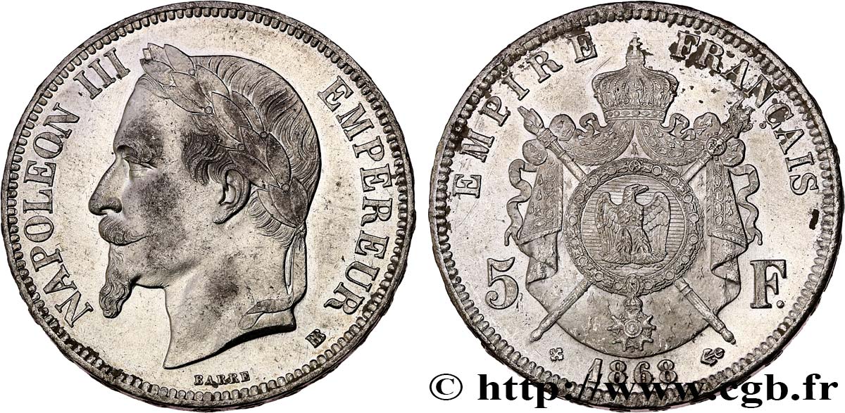5 francs Napoléon III, tête laurée 1868 Strasbourg F.331/13 SPL 