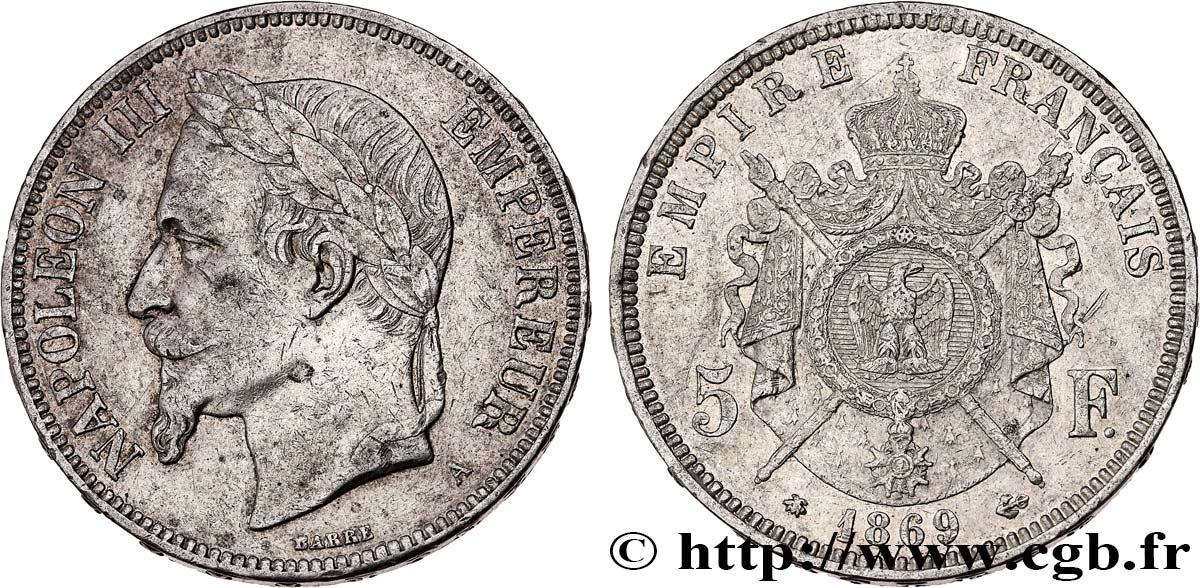 5 francs Napoléon III, tête laurée 1869 Paris F.331/14 SS45 