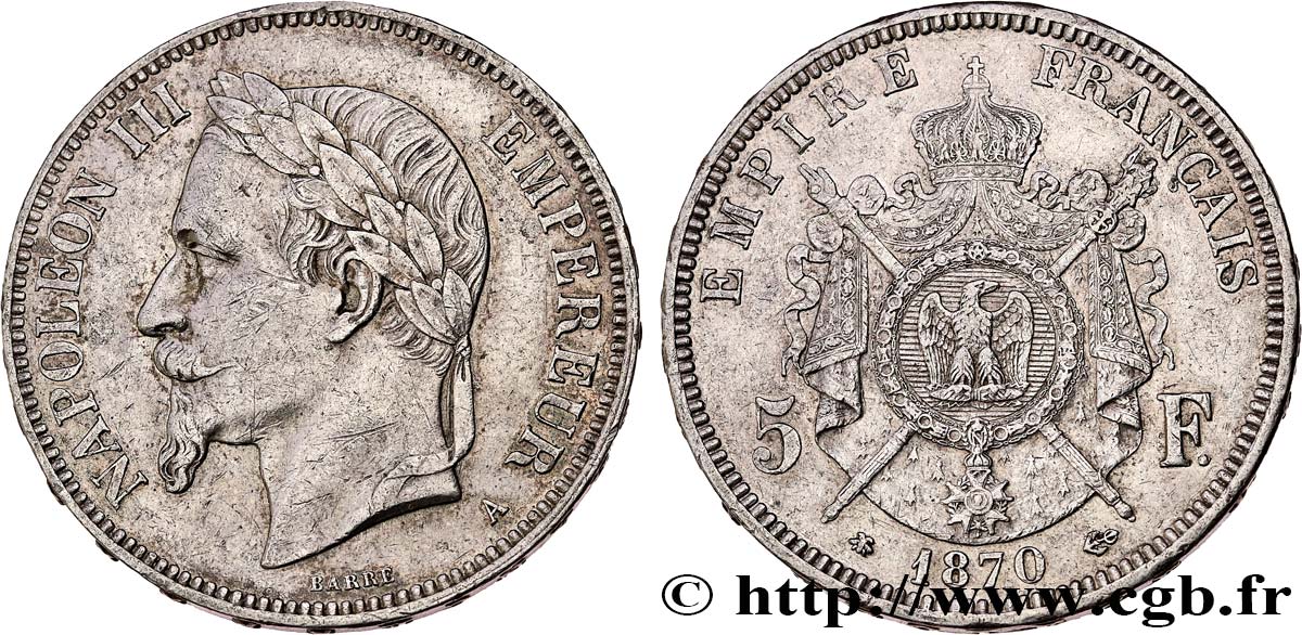 5 francs Napoléon III, tête laurée 1870 Paris F.331/16 TTB+ 