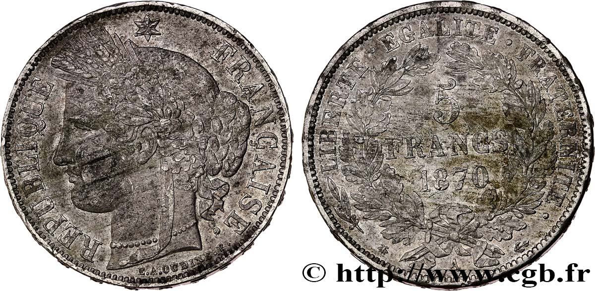 5 francs Cérès, avec légende 1870 Paris F.333/1 AU53 
