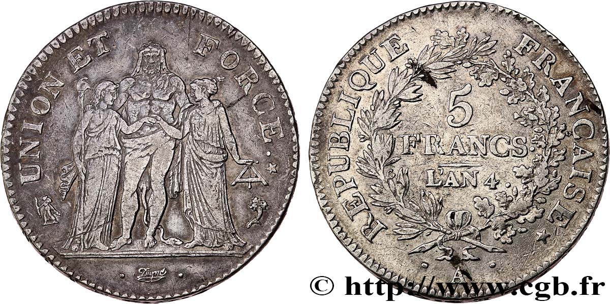 5 francs Union et Force, Union serré, avec glands intérieurs et gland extérieur 1796 Paris F.288/2 TTB 