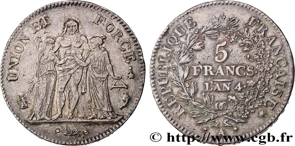 5 francs Union et Force, Union serré, avec glands intérieurs et gland extérieur 1796 Paris F.288/2 AU50 
