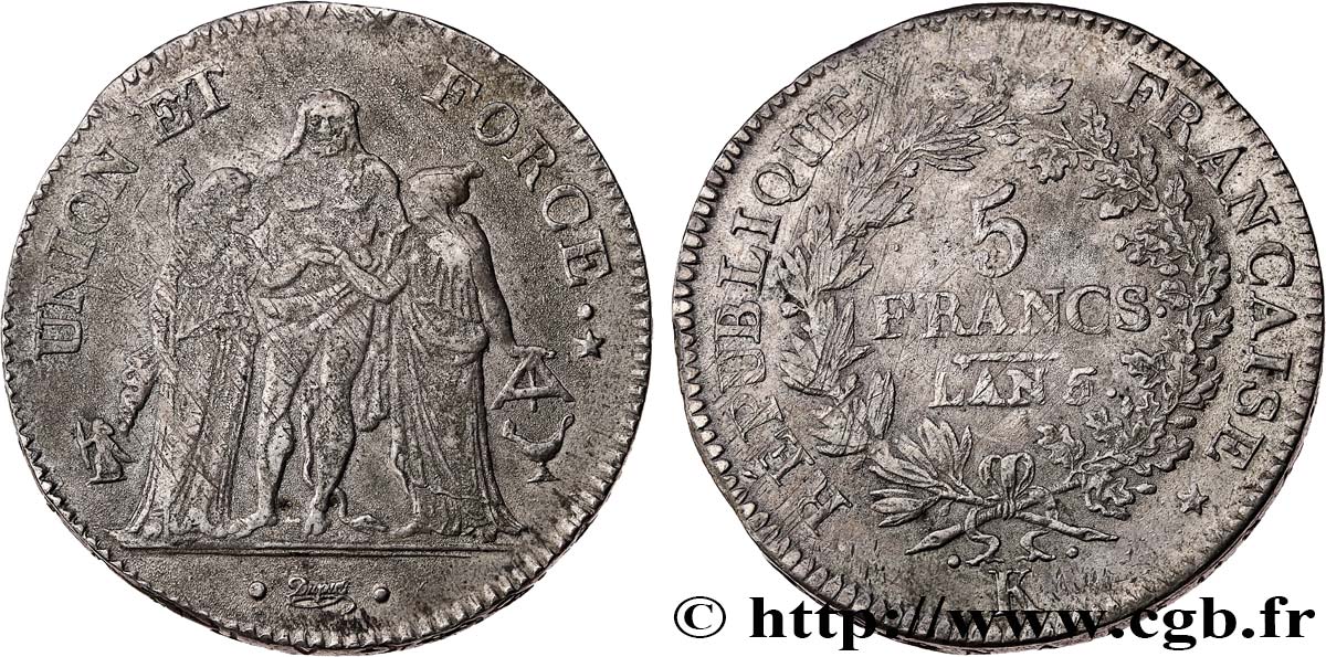5 francs Union et Force, Union serré, avec glands intérieurs et gland extérieur 1797 Bordeaux F.288/20 VF 