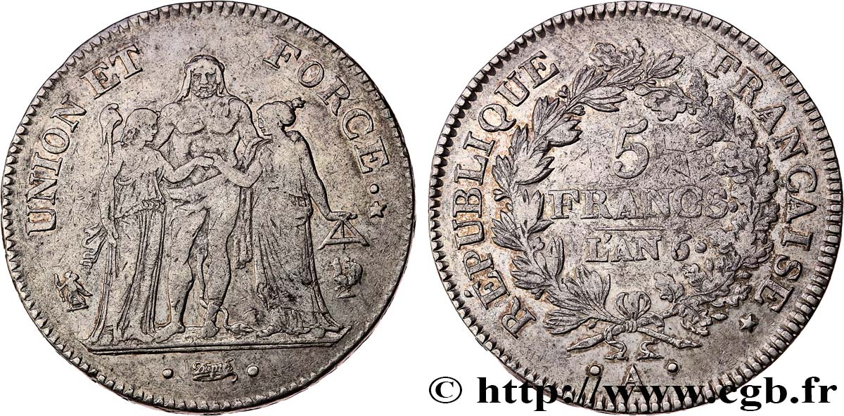 5 francs Union et Force, Union serré, avec glands intérieurs et gland extérieur 1798 Paris F.288/45 VF35 