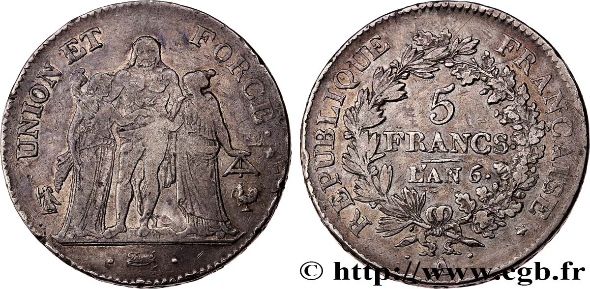 5 francs Union et Force, Union serré, avec glands intérieurs et gland extérieur 1798 Paris F.288/37 BC+ 