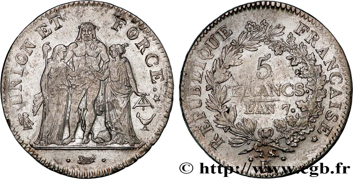 5 francs Union et Force, Union desserré, avec glands intérieurs et gland extérieur 1799 Bordeaux F.291/23 TB35 