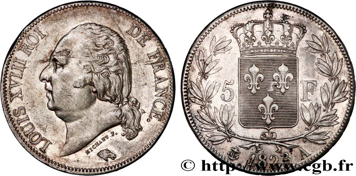 5 francs Louis XVIII, tête nue 1823 Paris F.309/76 fVZ 