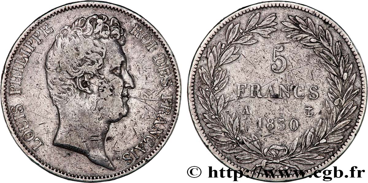 5 francs type Tiolier sans le I, tranche en relief 1830  Paris F.314/1 VF 