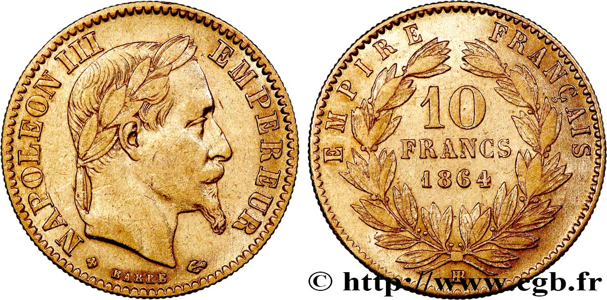 10 francs or Napoléon III, tête laurée 1864 Strasbourg F.507A/7 TB+ 