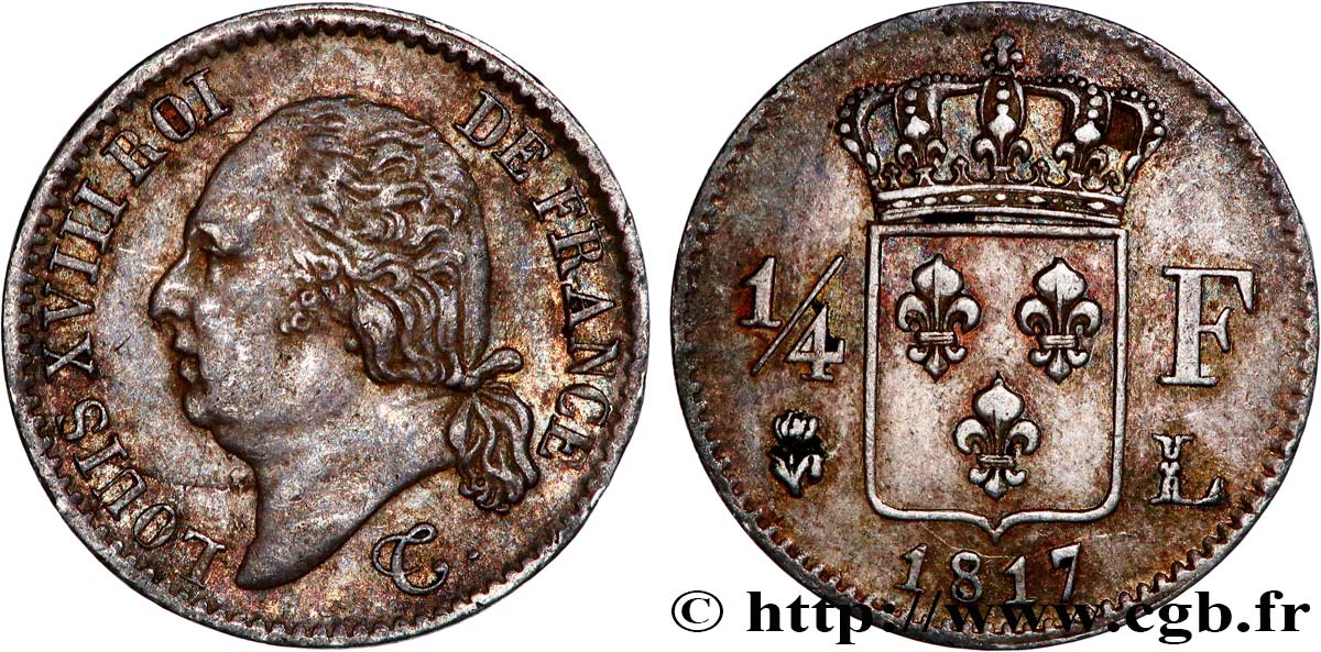 1/4 franc Louis XVIII 1817 Bayonne F.163/6 AU50 