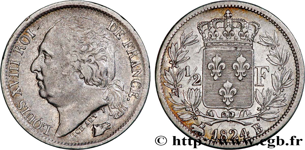 1/2 franc Louis XVIII 1824 Rouen F.179/44 SS 