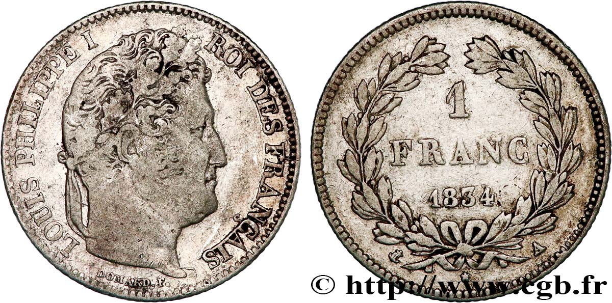 1 franc Louis-Philippe, couronne de chêne 1834 Paris F.210/27 VF 