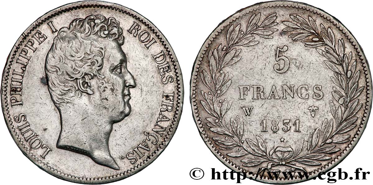 5 francs type Tiolier avec le I, tranche en relief 1831 Lille F.316/4 TTB 