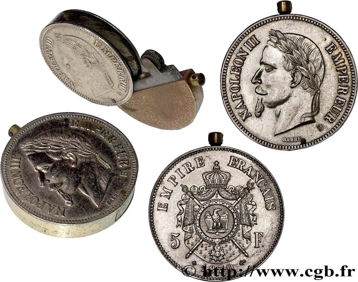 Fausse 5 francs Napoléon III, tête laurée, transformée en briquet 1870 Strasbourg F.331/17 var. AU 