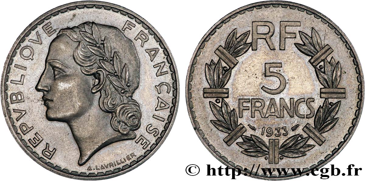 Essai de 5 francs Lavrillier, nickel 1933  F.336/1 MS64 
