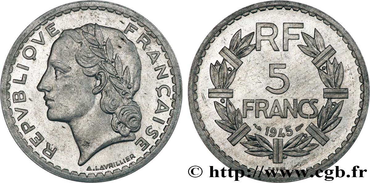Essai de 5 francs Lavrillier, aluminium 1945  F.339/1 MS63 