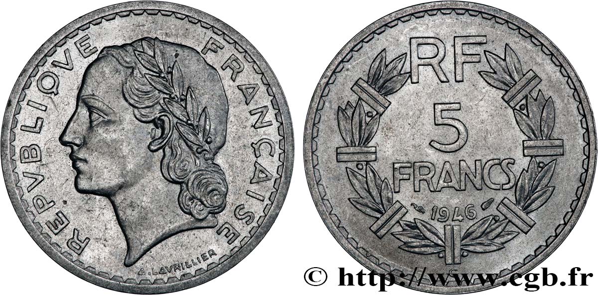 5 francs Lavrillier, aluminium 1946 Castelsarrasin F.339/8 MS62 
