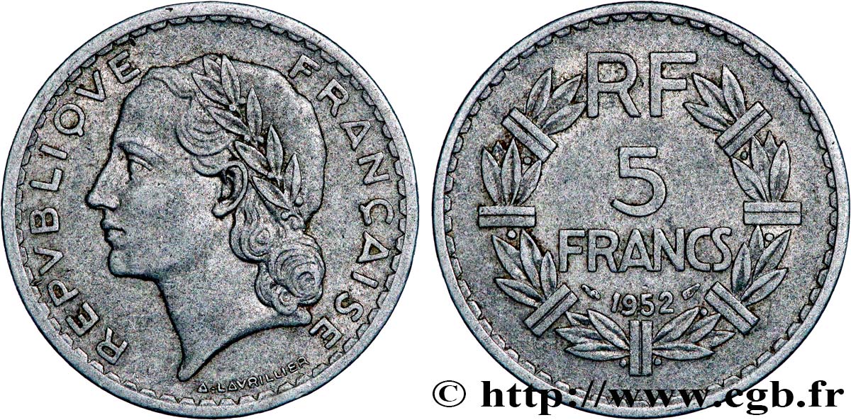 5 francs Lavrillier, aluminium 1952  F.339/22 VF35 