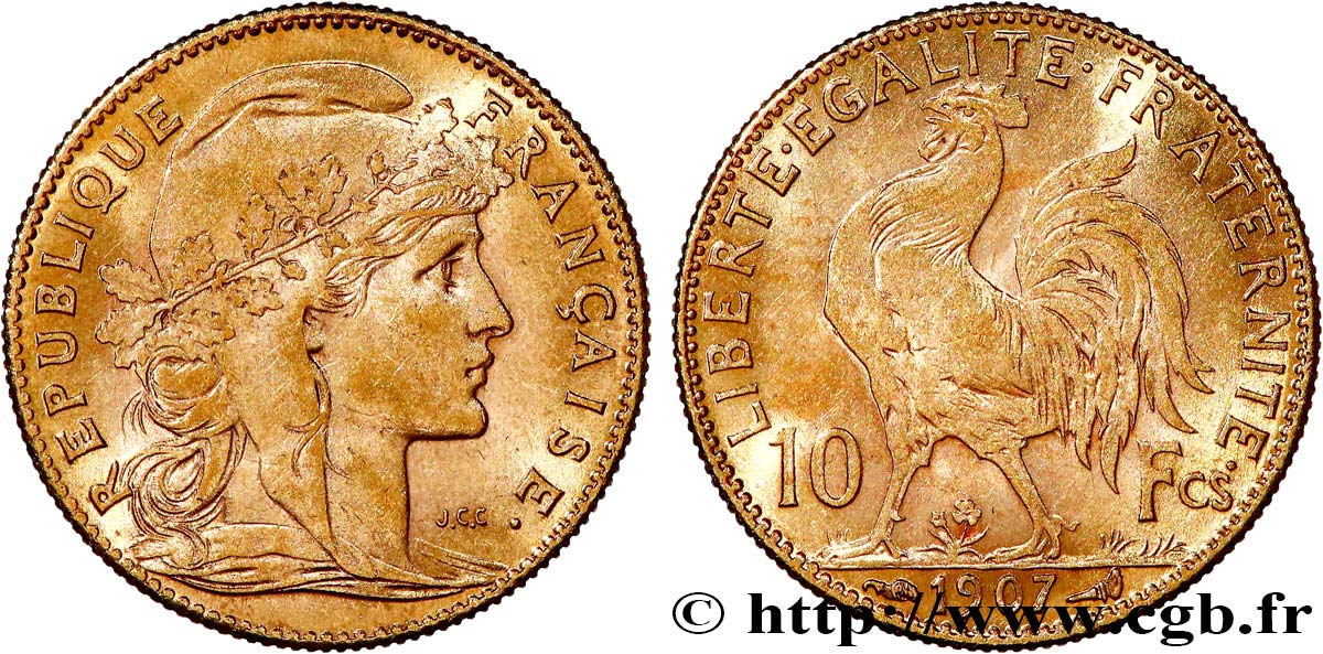 10 francs or Coq 1907 Paris F.509/8 MS63 