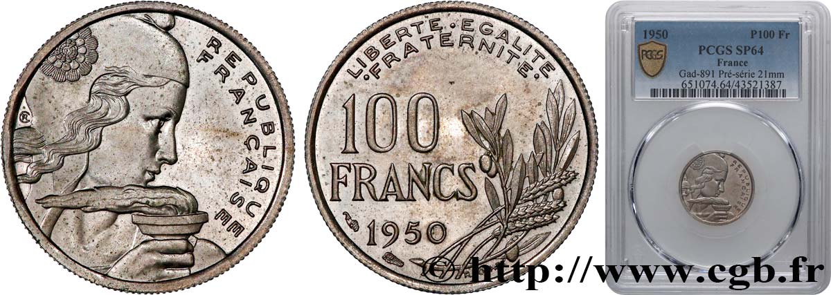 Pré-série sans le mot ESSAI de 100 francs Cochet 1950  GEM.230 1 SPL64 PCGS