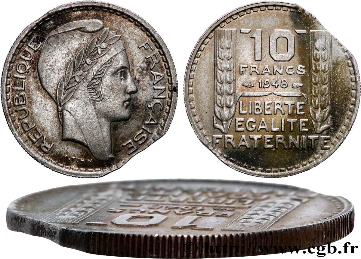 10 francs Turin, petite tête, doublement fautée (deux fois clippée) 1948  F.362/3 var. q.SPL 