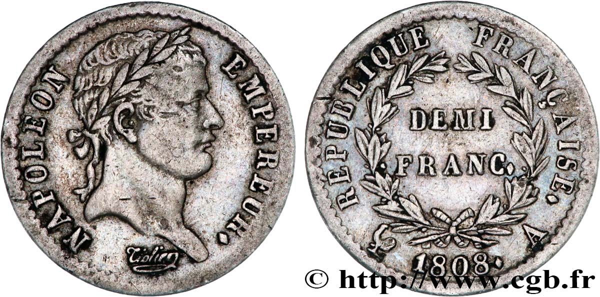 Demi-franc Napoléon Ier tête laurée, République française 1808 Paris F.177/2 TTB45 