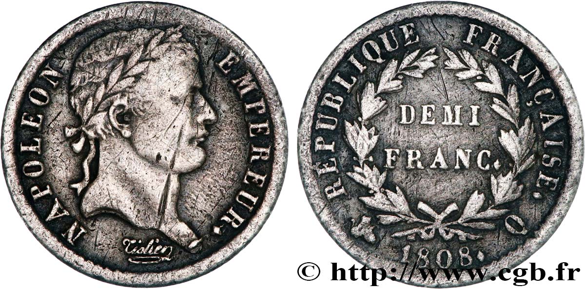 Demi-franc Napoléon Ier tête laurée, République française 1808 Perpignan F.177/13 VF 