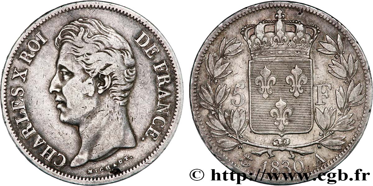 5 francs Charles X 2e type, tranche en relief 1830 Paris F.312/1 TB+ 