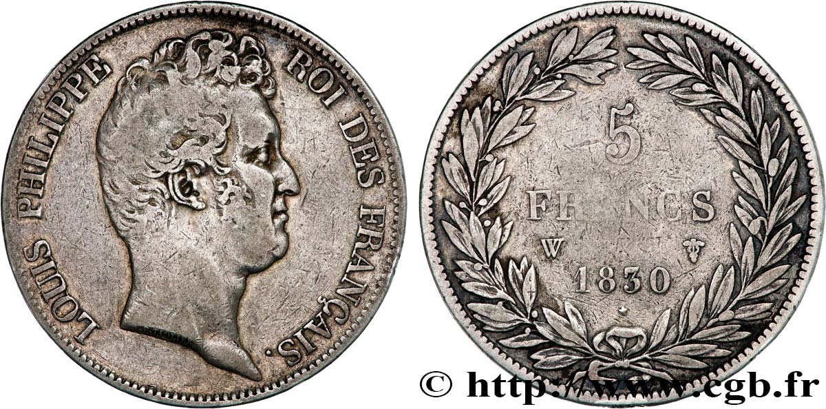 5 francs type Tiolier sans le I, tranche en creux 1830 Lille F.313/4 BC25 