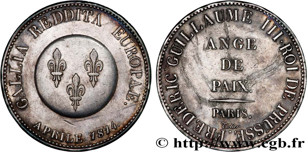 Ange de Paix, module de 5 francs pour Frédéric-Guillaume de Prusse en argent 1814 Paris Maz.771  q.SPL 