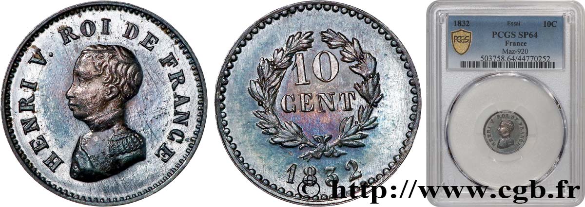 Épreuve en argent de 10 Centimes  1832 (Belgique ou Angleterre ?) Maz.920  SC64 PCGS