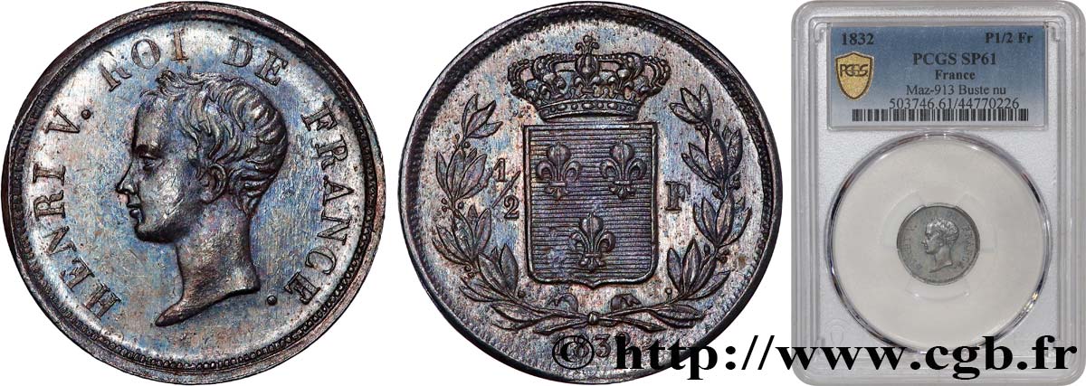 1/2 franc, buste juvénile, bronze argenté 1832  VG.2712  SPL61 PCGS