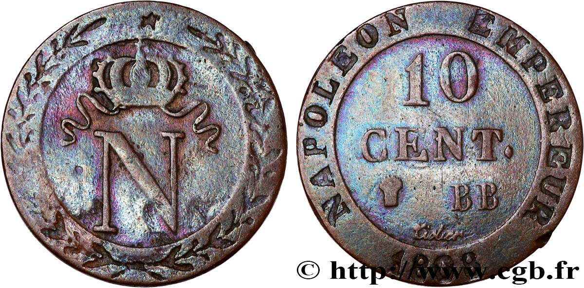 Faux de 10 cent. à l N couronnée 1808 Strasbourg F.130/4 var. MB 