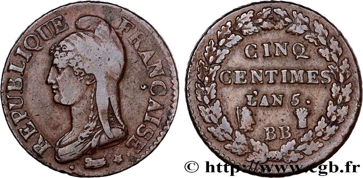Cinq centimes Dupré, grand module, sans point après CENTIMES 1797 Strasbourg F.115/20 var. XF40 