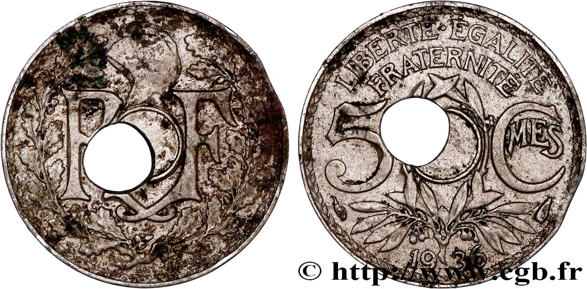 5 centimes Lindauer petit module, trou décentré 1936 Paris F.122/19 var. TB+ 