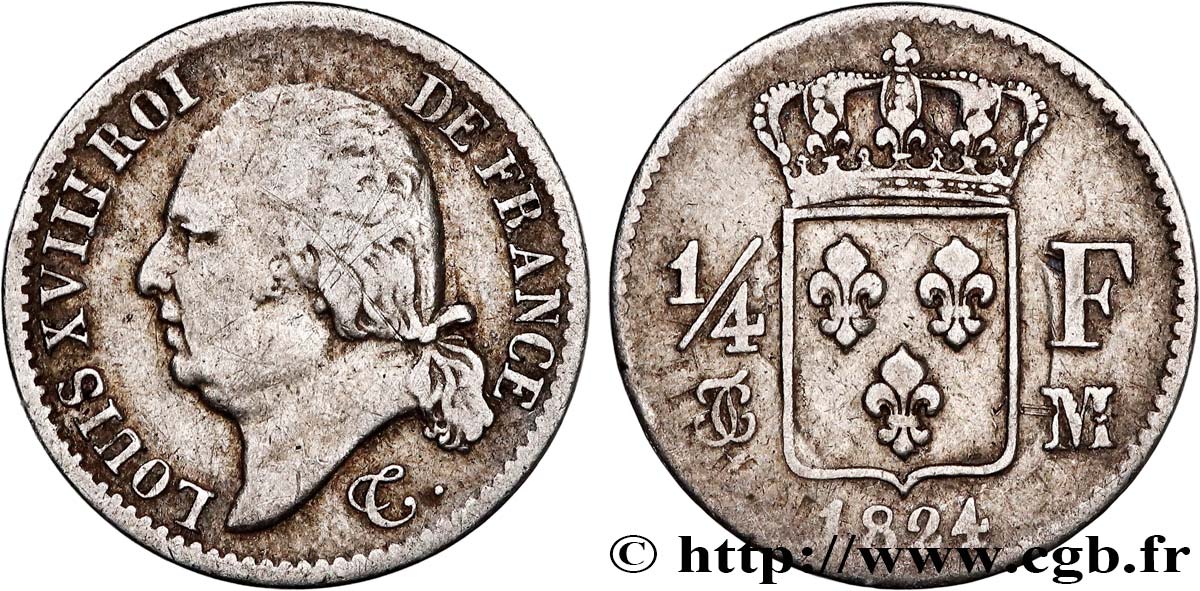 1/4 franc Louis XVIII 1824 Toulouse F.163/34 VF 